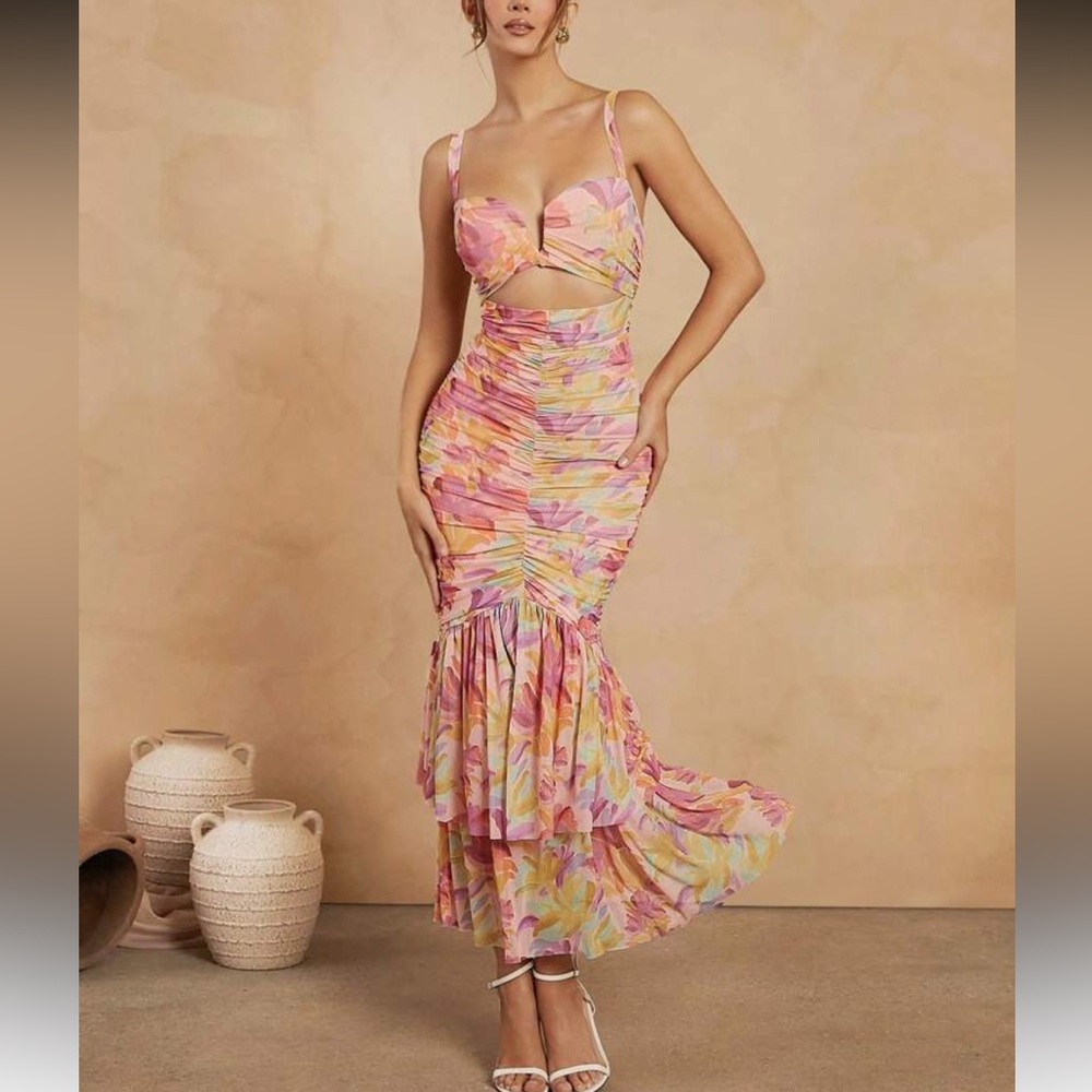 Elegant Pink and Yellow Floral Wedding Dress
